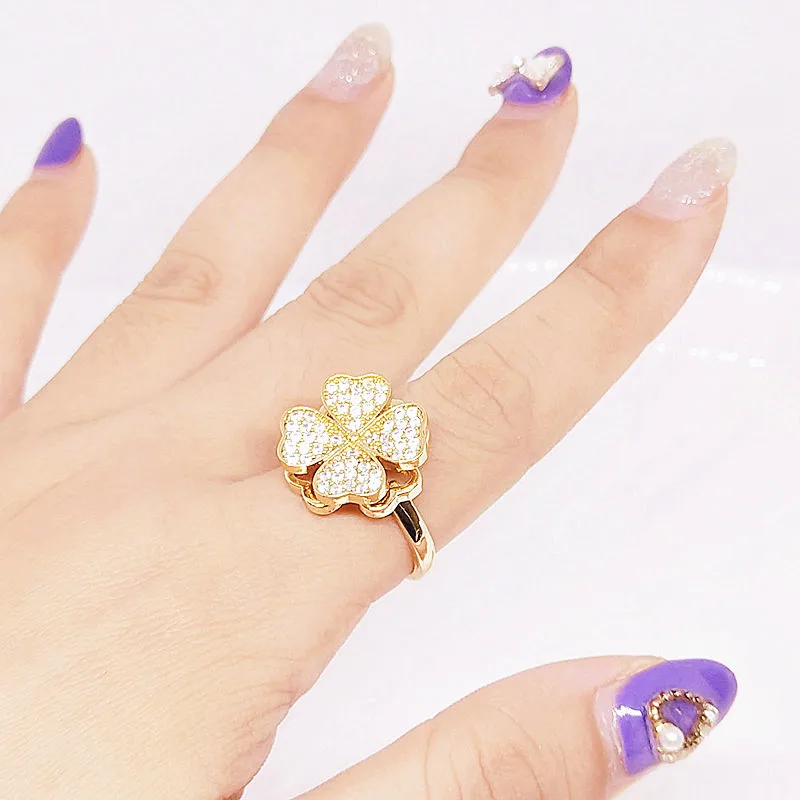 

New four-leaf clover rotating micro-set zircon ring female super fairy fashion personality temperament open ring