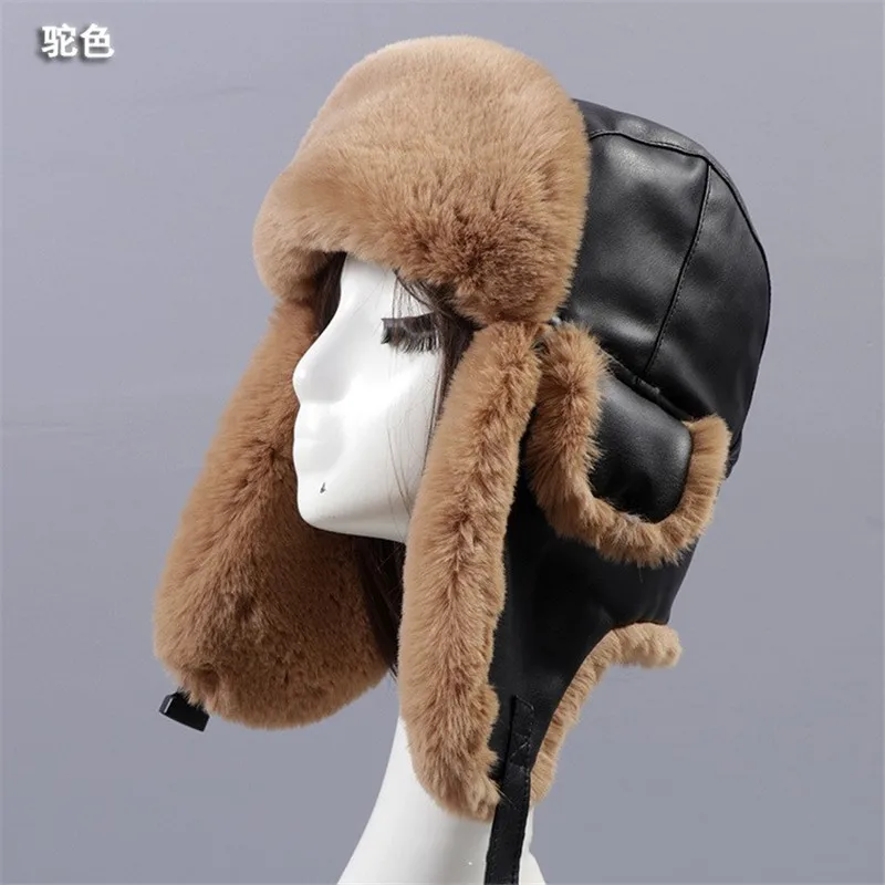 Camel Fur Для женщин искусственный мех солнцезащитные очки-авиаторы шляпа Искусственная кожа охотничья шляпа теплая зимняя шапка PU шапка-ушанка из меха русская меховая шапка ушанка защита ушей меховая шапка - Цвет: Camel Fur