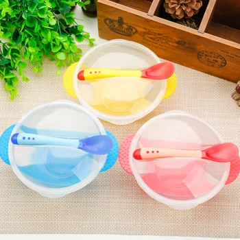 

3Pcs/set Baby Learning Dishes With Suction Cup Kids Safety Dinnerware Assist Bowl Temperature Sensing Spoon Fork bowl