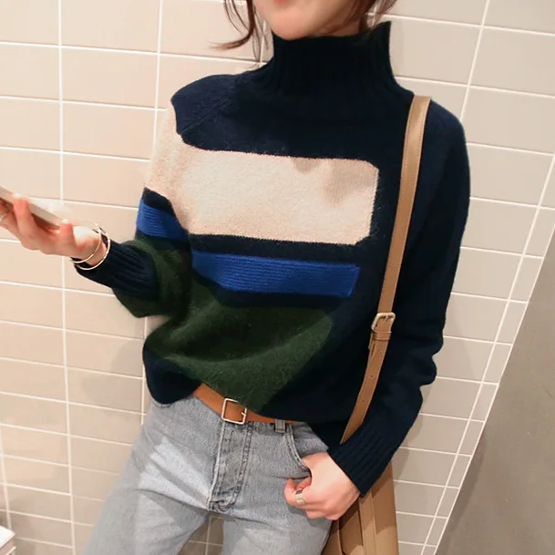 Neploe Pull Femme Водолазка трикотажные топы мода длинный рукав женщины осень зима свитер контрастный цвет пуловер Джемпер 54335
