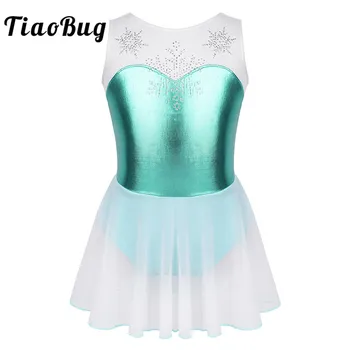 

Kids Dancewear Shiny Rhinestone Snowflake Metallic Sleeveless Gymnastics Leotard Girls Figure Skating Dress Ballet Dance Costume