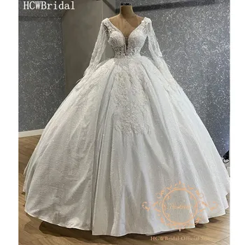 

Luxury Princess Wedding Dress Dubai New Design Sparkly Crystals Appliques Long Sleeves Ball Gown Bridal Dresses For Wedding