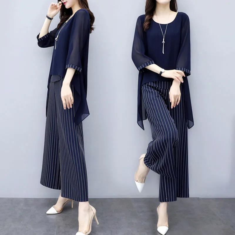 

Two Piece Blouses And Pants Sets 2019 Summer Elastic Waist Stripes Chiffon Wide Leg Pants 2 Piece Set Fashion Outfits