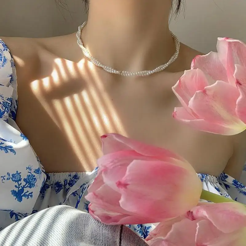 Korean Version Of Necklace Fashion New Temperament Fairy Crystal Pearl Double Necklace Women Bijoux Femme