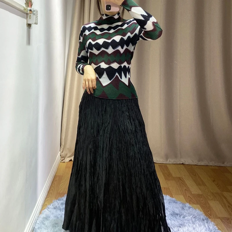 Весенняя плиссированная футболка Miyake с принтом на подкладке, большой размер, Женский Топ с высоким воротником и длинным рукавом