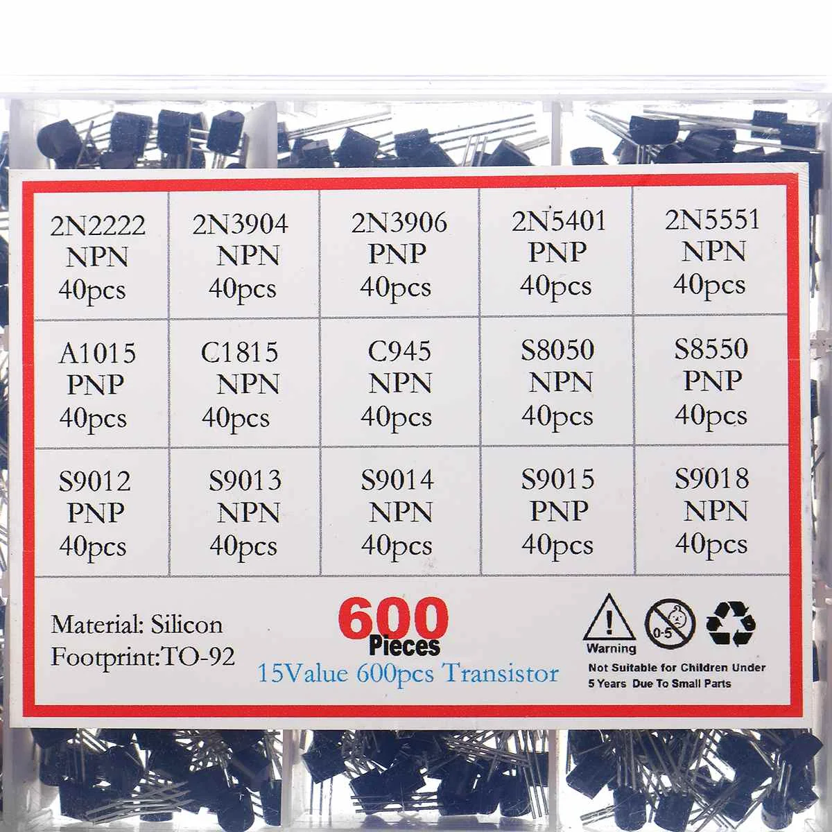 600Pcs 15 Types Silicon In-line NPN / PNP TO-92 Transistor Assortment Kit Pack Electronic Components & Supplies Active Component