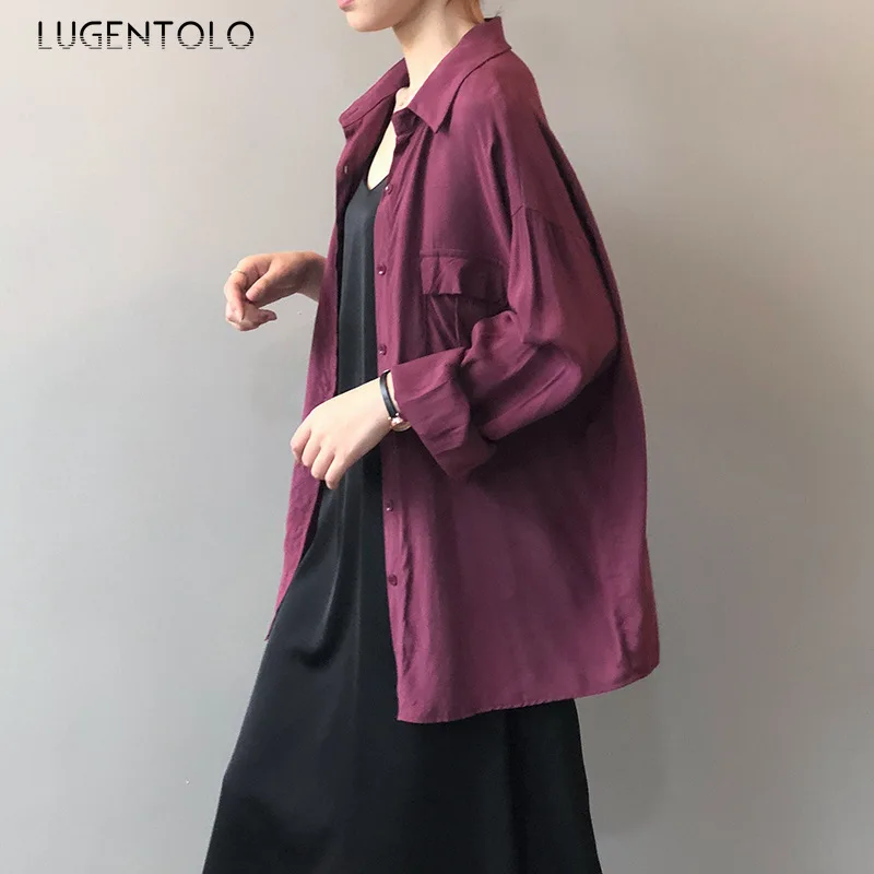 Lugentolo женская летняя рубашка свободные винтажные топы корейские однотонные
