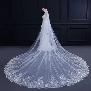 

Cheap 4 Meters Long Bridal Veils Sequins Lace Rounded Cut Edge Wedding Veil One Tiers Bling Sequin