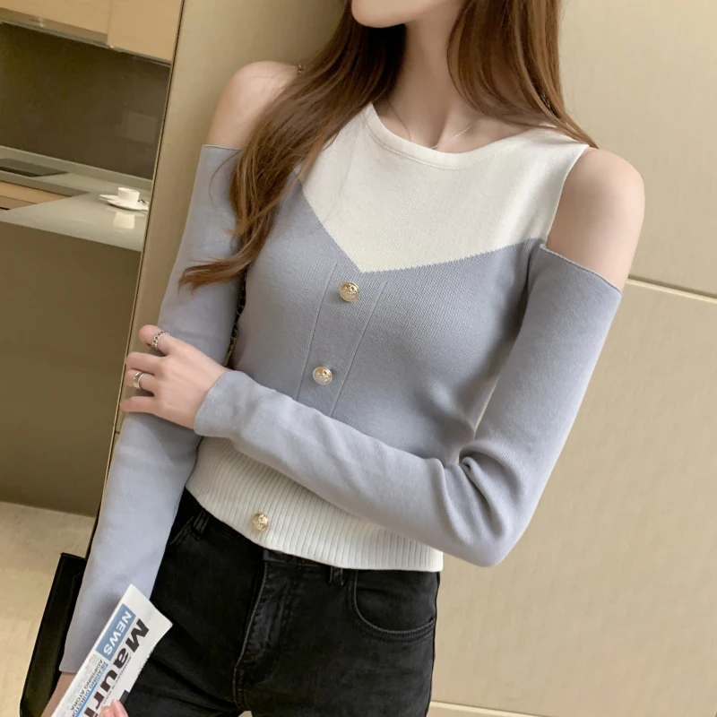 

Korean Sweater Women Sweater 2020 Autumn New off-Shoulder Color Matching Button Sexy Long-Sleeved Slim Knitted Sweater 680G