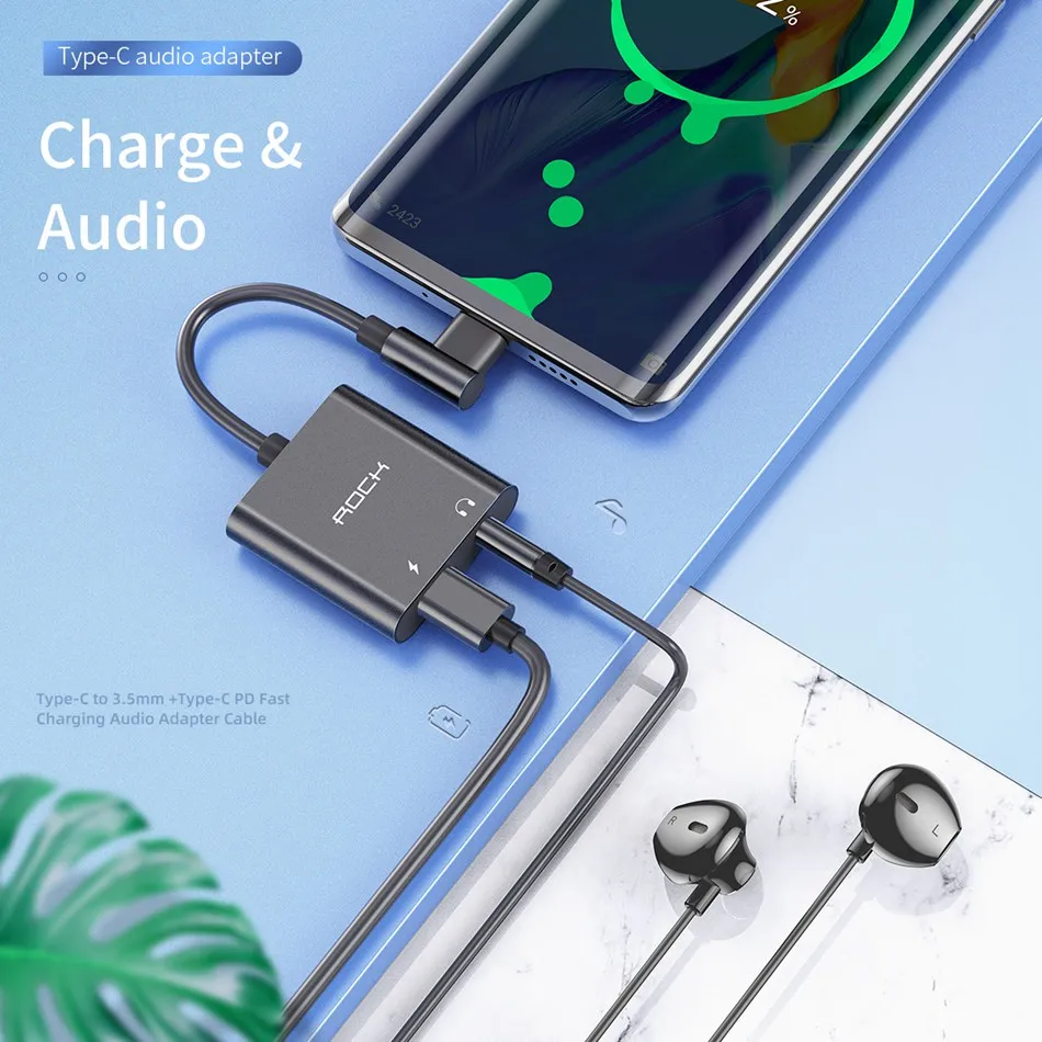 ROCK 2в1 usb type C адаптер type-C до 3,5 мм разъем для наушников вспомогательный конвертер 3A PD Быстрая зарядка аудио кабель для huawei Xiaomi Phone