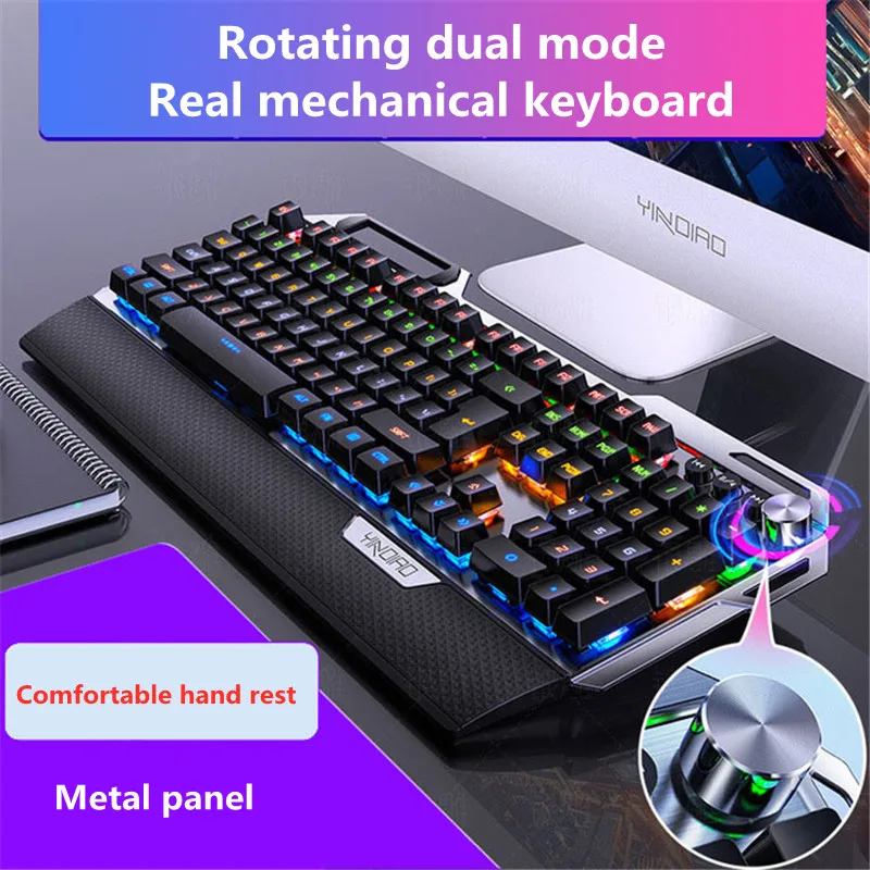 New K100 real metal mechanical gaming keyboard with hand rest, mobile phone holder knob adjustment 104-key wired keyboard