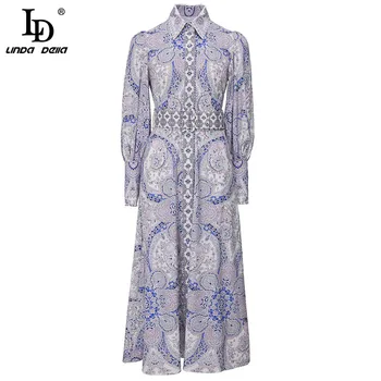 

LD LINDA DELLA Fashion Designer Autumn Loose Long Shirt style Dress Women Lantern Sleeve Print Sashes Vintage Linen Dress