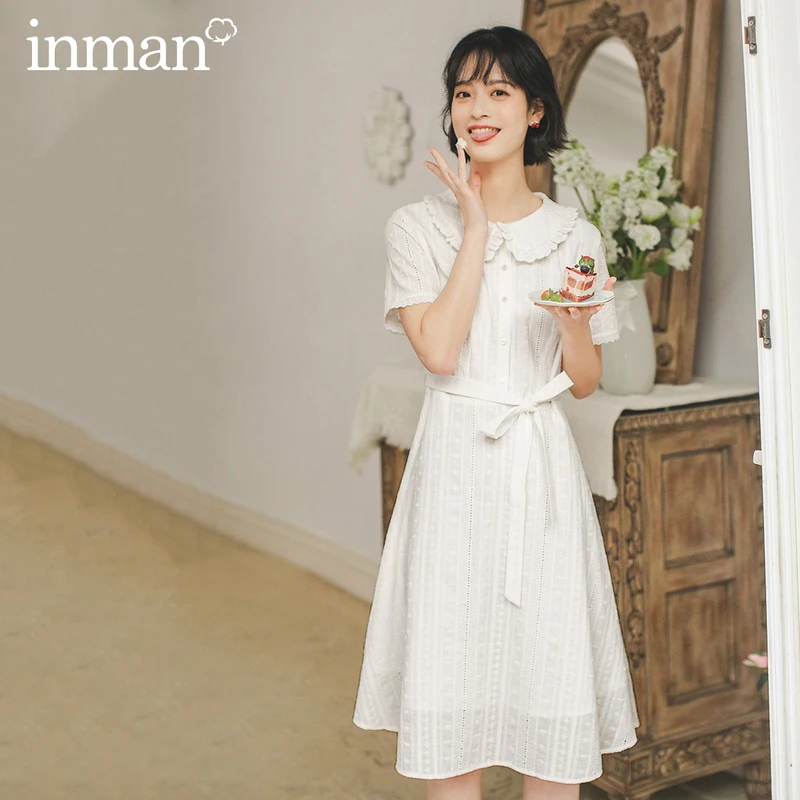 INMAN 2020 Summer New Arrival Lace-up Waist Slimmed Sweet Peter pan Collar Hollow Out Short Sleeve Dress INMAN 2020 Summer New Arrival Lace-up Waist Slimmed Sweet Peter pan Collar Hollow Out Short Sleeve Dress