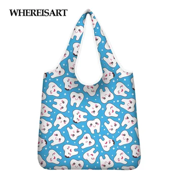 

WHEREISART 2020 Eco Grocery Bag For Lady Shopper Kawaii Dental Teeth Printing Women Foldable Totes Bag Supermarket Bolsa Mujer