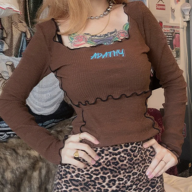 LVINMW, Сексуальная футболка с буквенным принтом, длинным рукавом, рюшами и u-образным вырезом, Осень-зима, женские вязаные тонкие футболки, женская уличная одежда, топы