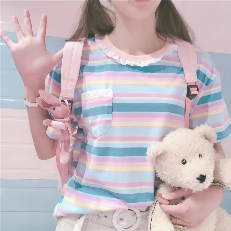 

Mori girl Sweet T-shirts Striped Lace collar Macaron Short Sleeve Small pocket Tops Students Young Girl Summer Kawaii Loose Tee