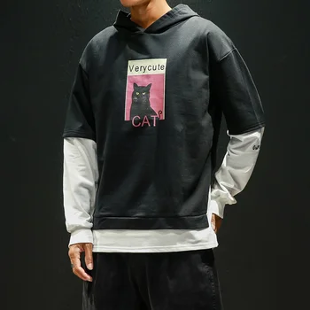 

Dropshipping Casual Cat Male Pullover 2020 Mens Hooded Cotton Hoodies Men Patchwork Fake Two Pieces Sweatshirt Streetwear