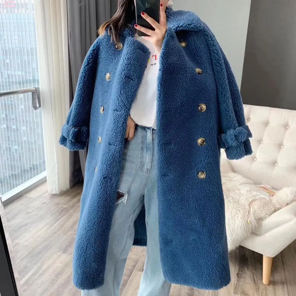 Пальто из искусственного меха размера плюс, зимнее пальто для женщин, плюшевый мишка, пальто, Толстая теплая двубортная 30% Натуральная овечья шерсть, Длинная шерстяная куртка - Color: Blue