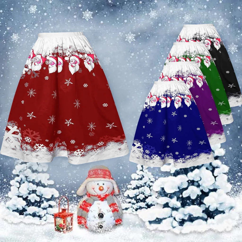 Женские рождественские трапециевидные юбки, модный Рождественский Санта Клаус, снежный принт, повседневные миди юбки, праздничные, вечерние, женские юбки