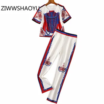 

ZIWWSHAOYU Women Summer Elegant Vintage Suits Luxurious Beading Sequined Tops And Ladies Print Length Pants 2 Two Piece Set