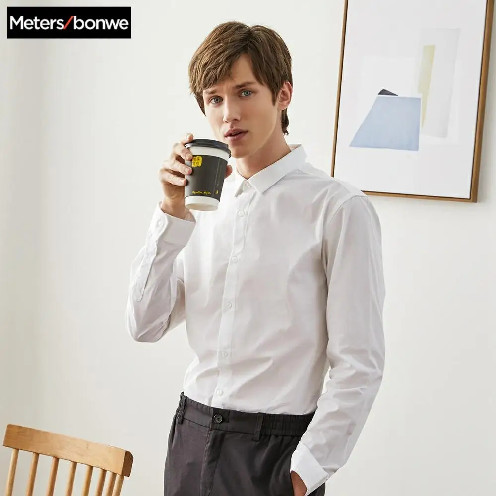 Beste Metersbonwe Merk Mannen Smart Casual Shirts 2019 Lente Herfst Mannelijke Slanke Lange Mouwen Shirts Reguliere Katoen Mannelijke Basic Tops