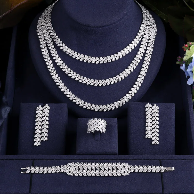 Janekelly Роскошные кубического циркония ожерелье браслет серьги и кольцо 4 шт. Дубай полный набор украшений для женщин, свадебное платье ужин