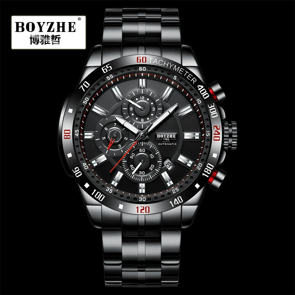 BOYZHE Men Sport Watch Automatic Mechanical Wrist Watch Week Month Calendar Display Luminous Hands Waterproof Watches for Men men's sport watches best brands