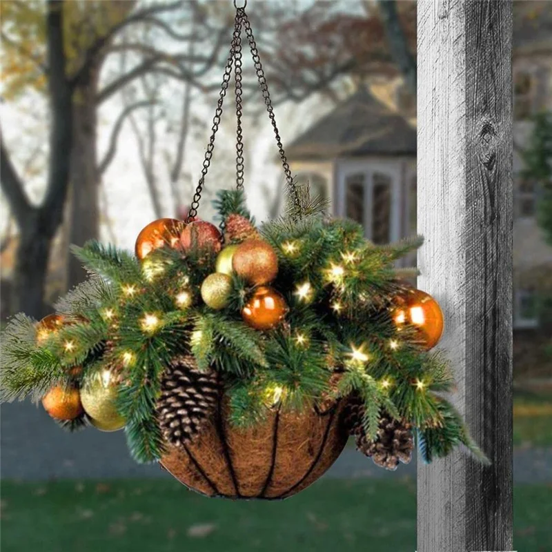Artificial Christmas Hanging Basket Flocked with Mixed Decorations and LED Lights Ornament Xmas Home Decor Promotion | Дом и сад