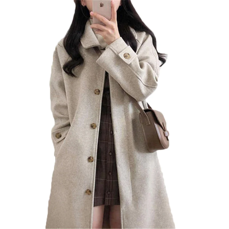 

New Wimen's Woolen Coats Korean Style Autumn Winter Female Blend Coats Loose Button Long Outerwear Thick Warm Ladies Clothes
