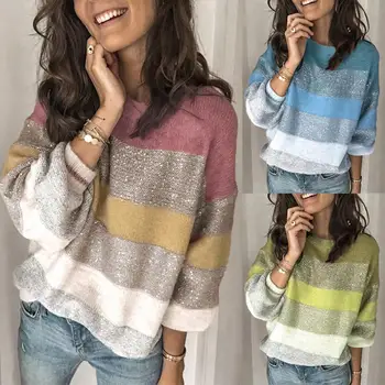 

Women Sweaters Pullovers Winter Casual Color Block Long Sleeve O Neck Loose Knitted Sweater Pullover Women's Sweaters Ladies Top