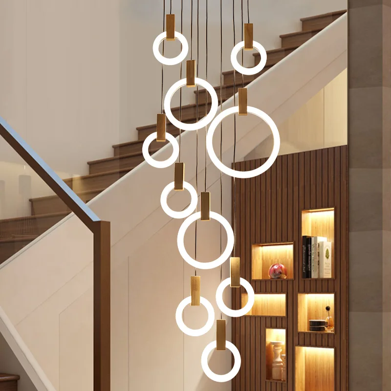 Современный светодиодный потолочный светильник для гостиной, Деревянный светильник, акриловые кольцевые светильники, подвесные светильники для лестницы, подвесные светильники для столовой