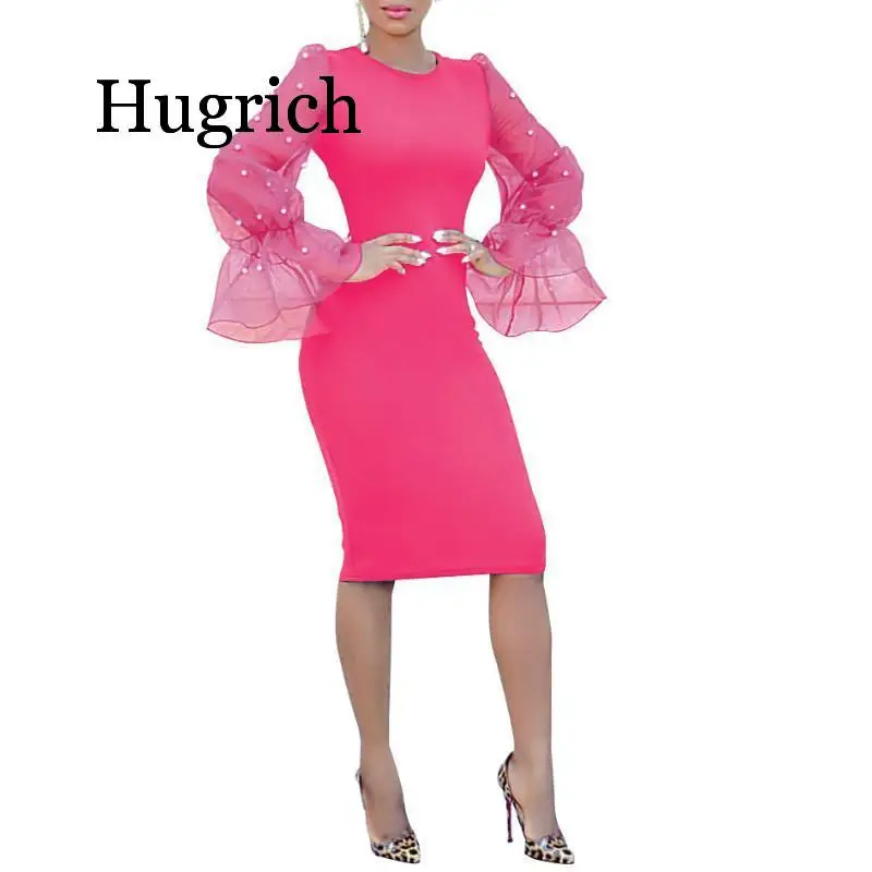 

2020 European and American women's hot explosions fashion slim European yarn horn sleeve hip sexy dress