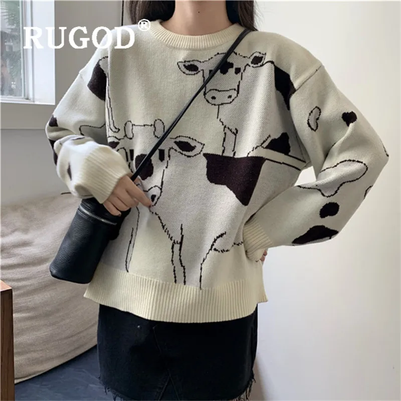 RUGOD, смешной принт коровы, вязаный свитер, женский, корейская мода, круглый вырез, длинный рукав, Зимний пуловер, весенний свитер, джемпер, pull femme