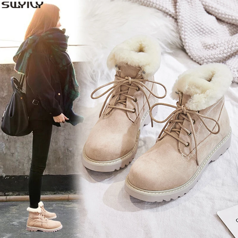 Cena SWYIVY Flock platformowe buty kobiece buty zimowe 2019 nowe ciepłe śnieg panie botki botki dla kobiet pluszowe kobiety zimowe buty