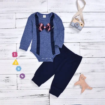 

Autumn Baby Boy Gentleman Suit Long-Sleeved Bow Tie Jumpsuit + Solid Color Pants 2 Sets Hot