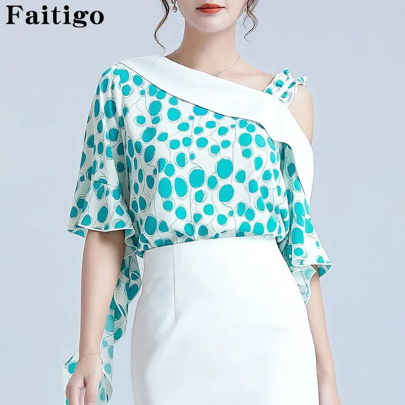 

Elegant Printed Skew Collar Off Shoulder Tops Flare Sleeve Ruffle Blouse Women Summer Loose Office Lady Workwear Blouses