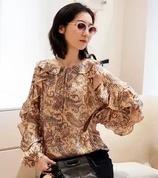 

New Autumn Winter Women Blouse Printted Ruffled V-neck Lace-up Long-sleeved Ladies Shirt Tops Office Blouses