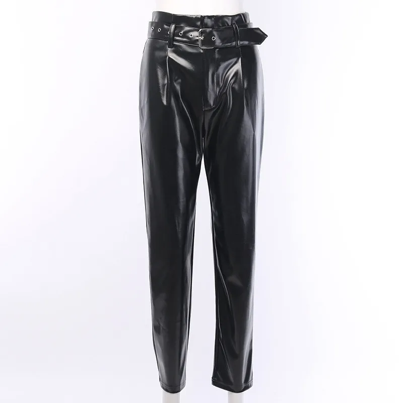 Hugcitar искусственная кожа с высокой талией с поясом штаны осень зима Женская мода уличная одежда наряды брючный брюки - Цвет: Черный