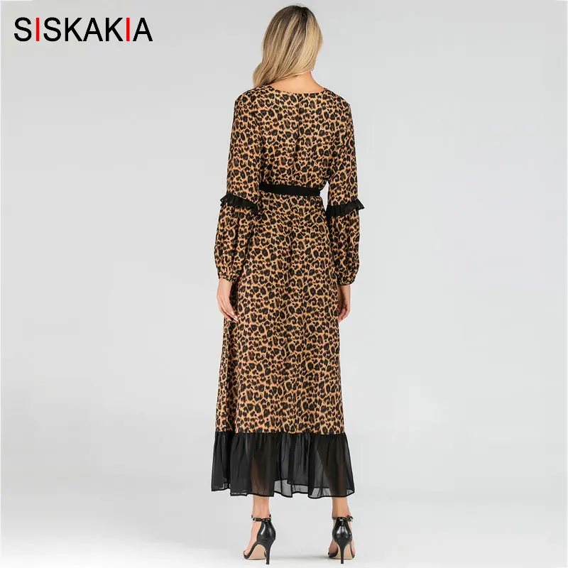 Siskakia элегантное коричневое леопардовое длинное платье модное контрастное цвет блок мусульманские женские платья тонкий пояс круглый вырез длинный рукав