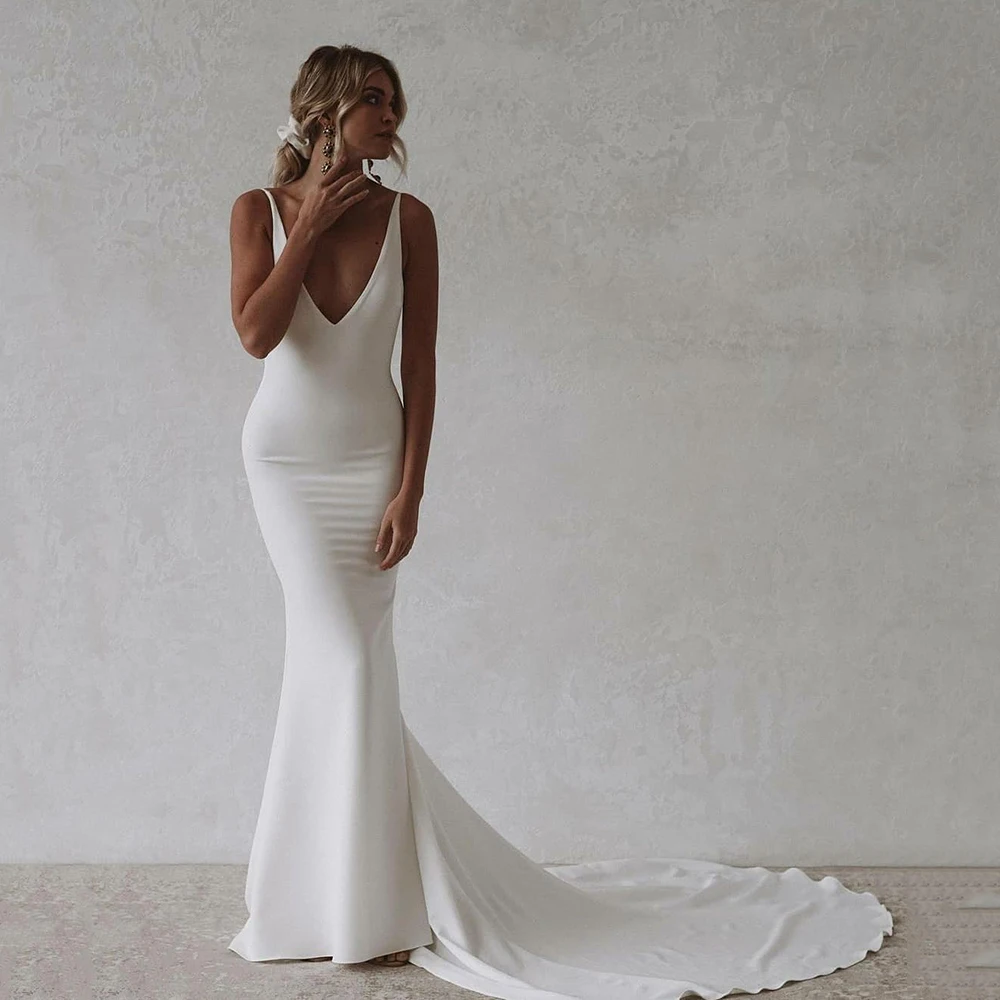 

UZN Sexy Ivory Spandex Mermaid Wedding Dresses Spaghetti Straps Backless Vestidos De Novia 2021 Deep V Neck Bride Wedding Gowns