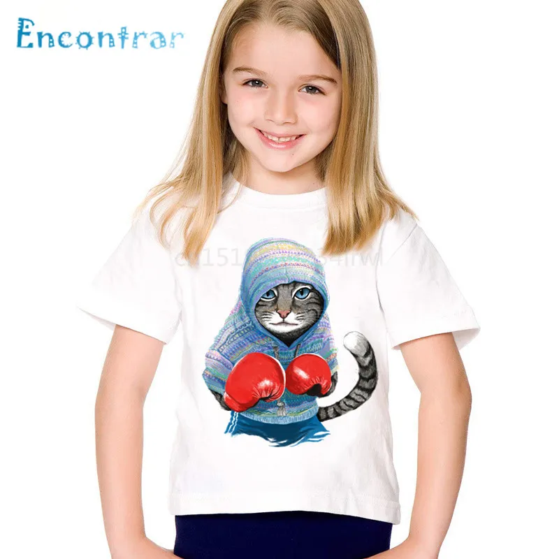 

Children Fashion Print Super Cool Boxing Cat Attack Funny T-shirts Kids Summer Tees Boys/Girls Tops Baby Casual Clothes