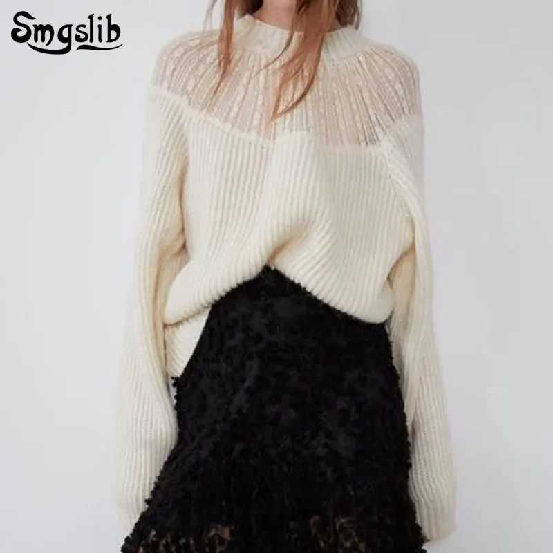 

2019 Knitted Women o-neck Sweater Pullovers spring Autumn Basic Women Sweaters Pullover Casual sweet Fit beige Lace top