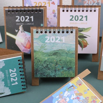

1pcs 2021 Portable Creative Cute Oil Painting Small Desk Calendar Cartoon Desktop Paper Calendar Daily Scheduler Table Planner
