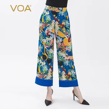 

VOA silk print 16mm double crepe oblique slip pocket collision material stitching elastic waist loose wide leg pants K13