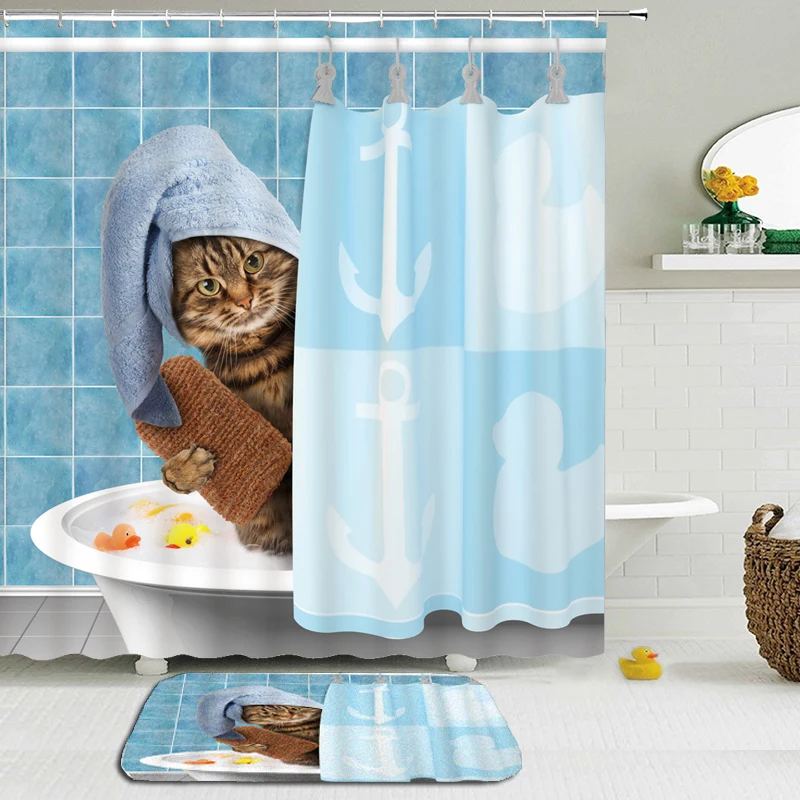 Cute Funny Cats Shower Curtain Liner Waterproof Fabric Bathroom Decor Mat Hooks 