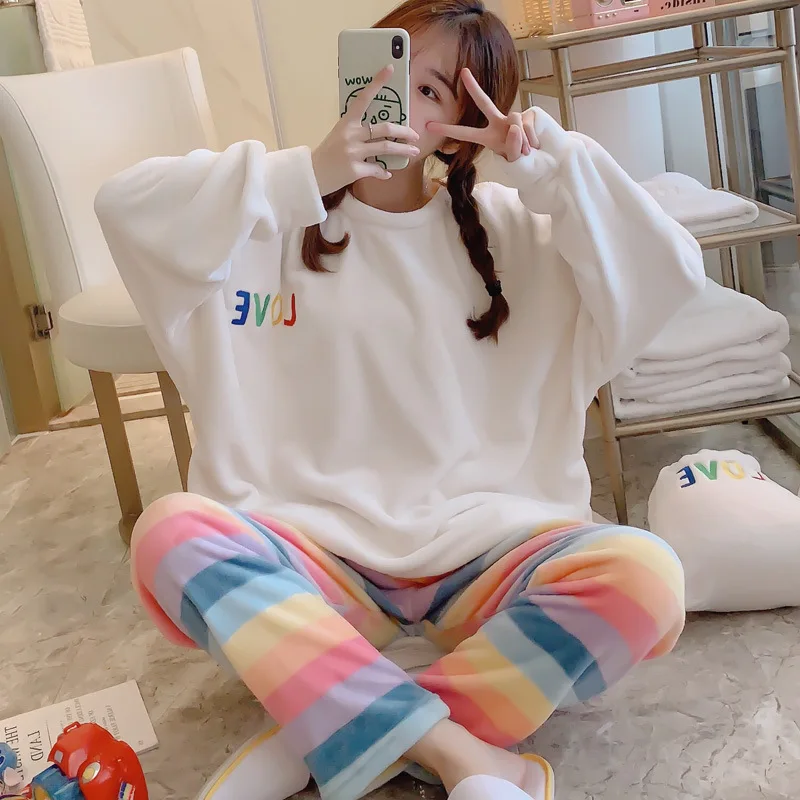 

Pajamas Women's Autumn And Winter Coral Velvet Sweet Cute Princess Thick plus Velvet Flannel Homewear Set Send Storage Bag