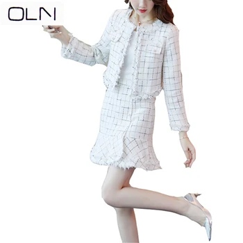 

Spring suit dress Korean New arrival 2020 new tweed A word fishtail skirt + raw edge small fragrance coat