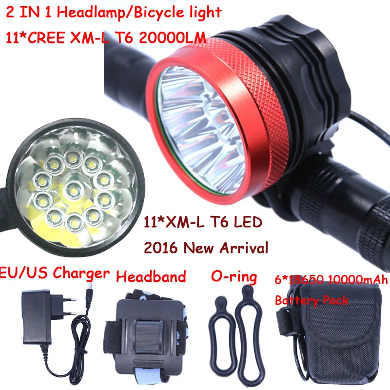 

2 in 1 Headlamp Headlight 20000 Lumens 11 x XM-L T6 LED Bicycle Light Cycling Bike Head Lamp + 18650 Battery Pack+Charger