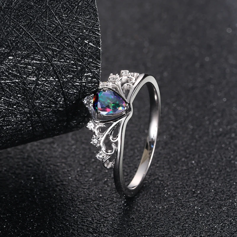 

Crown Silver Rings For Women Real Sterling Silver Heart Ring Shiny Mystic Rainbow Topaz Gemstone Bohemian Style Fine Jewelry Hot