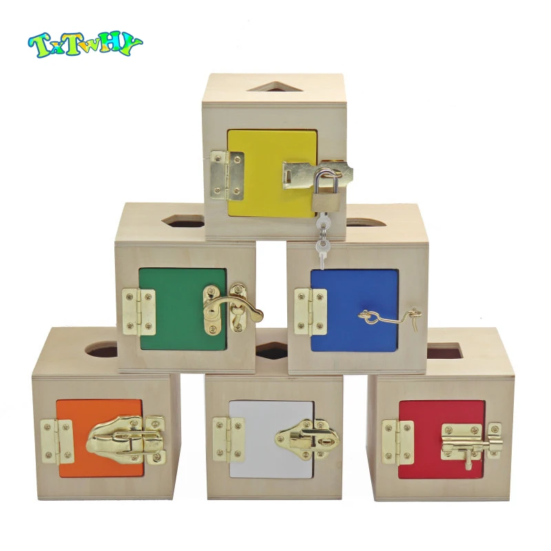

Creative Montessori Lock Box Shape Matching Kids Wooden lock Box 6 in 1 Learning Montessori Materials Preschool Wooden Toys